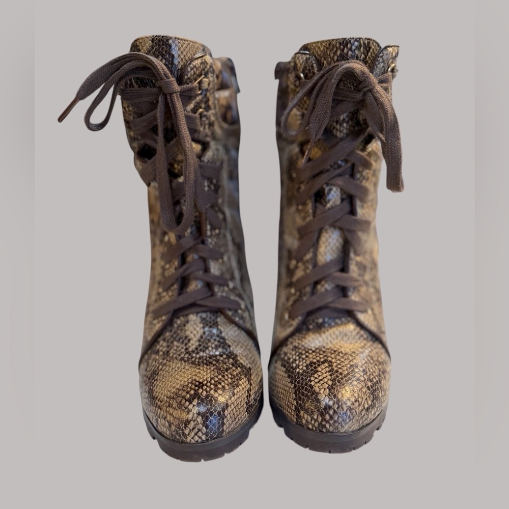 JustFab Brown Faux SnakeSkin 4” Chunky-heeled combat-style boots 4” Size 7.5 - Picture 3 of 12